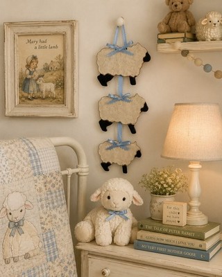 Handmade Ceramic Sheep Wall Hanging Nursery Decor Lamb Farmhouse Blue Ribbon VTG