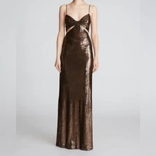 Halston Maxi Gown Womens Size 10 Brown Chloe Sequined Spaghetti Strap V Neck