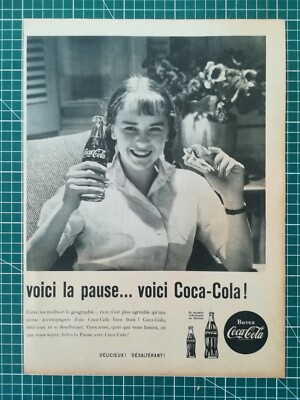 116 ANTIQUE 1950 AD 34x25cm break coca cola girl back Schneider