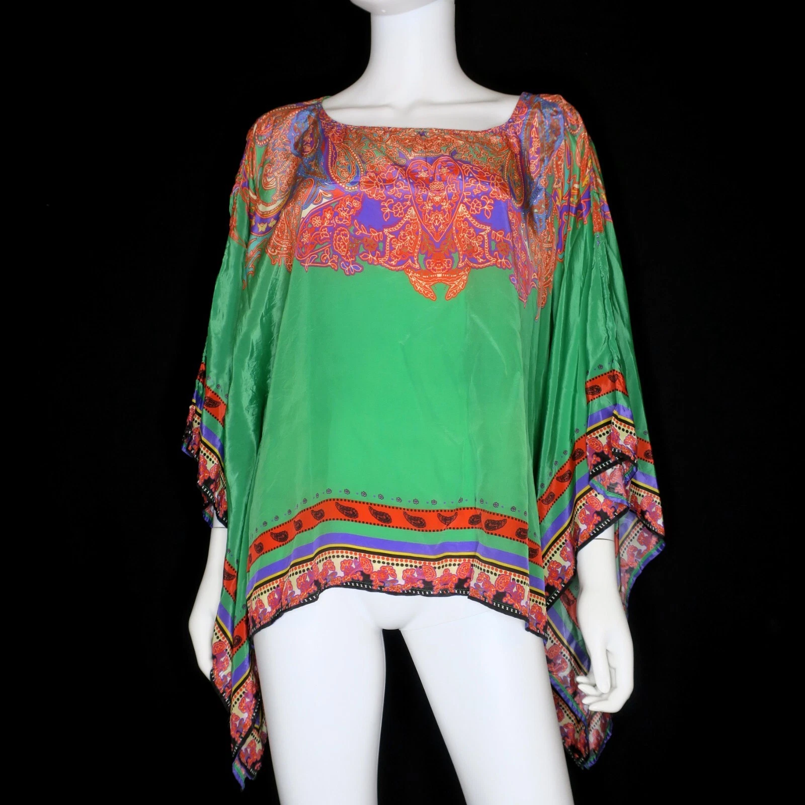 Sundance Sunrise Silky Green Caftan Poncho Top Handkerchief Hem Women's One Size