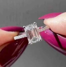 4.20 CT Emerald Cut Moissanite Hidden Halo Engagement Ring 14K White Gold Plated