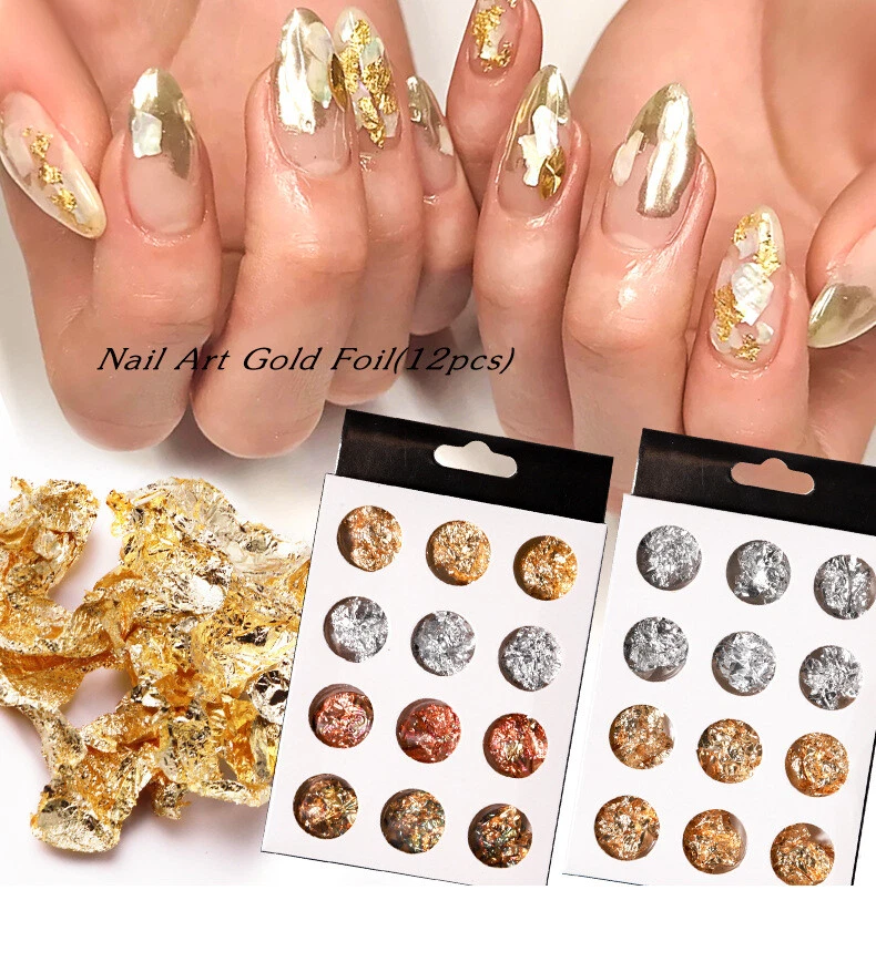 12 Pcs Nail Art Gold Silver Metal Foil Paper 3D Flake Sticker