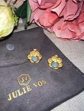 NEW Julie Vos Iridescent Blue Stud Flower Earrings 24k Gold Plated NWOT  CLASSIC