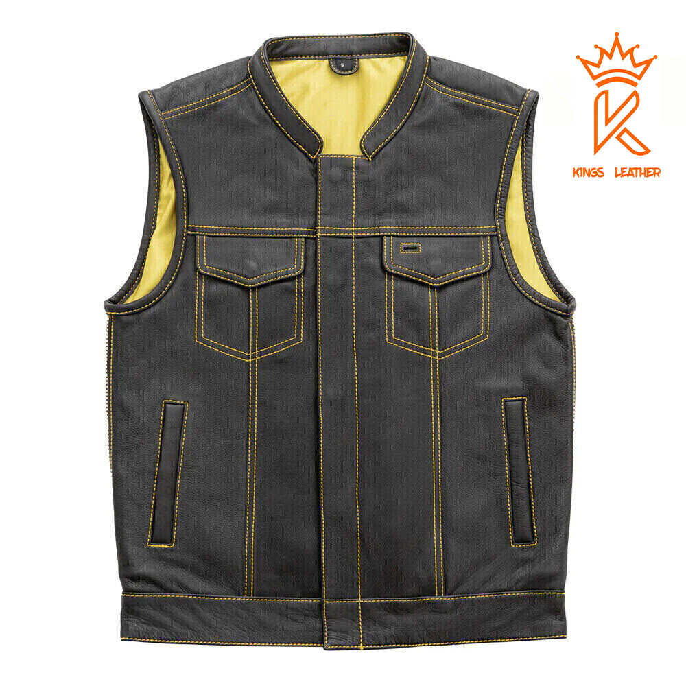 Chaleco de motocicleta de cuero negro premium amarillo interior/costura bicicleta chaleco