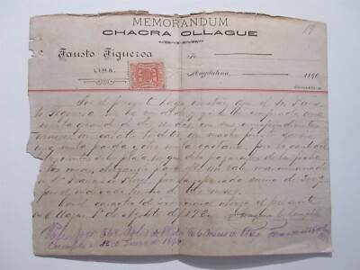 Lima Peru 1892 billhead Chacra Ollague Fausto Figueroa with stamp