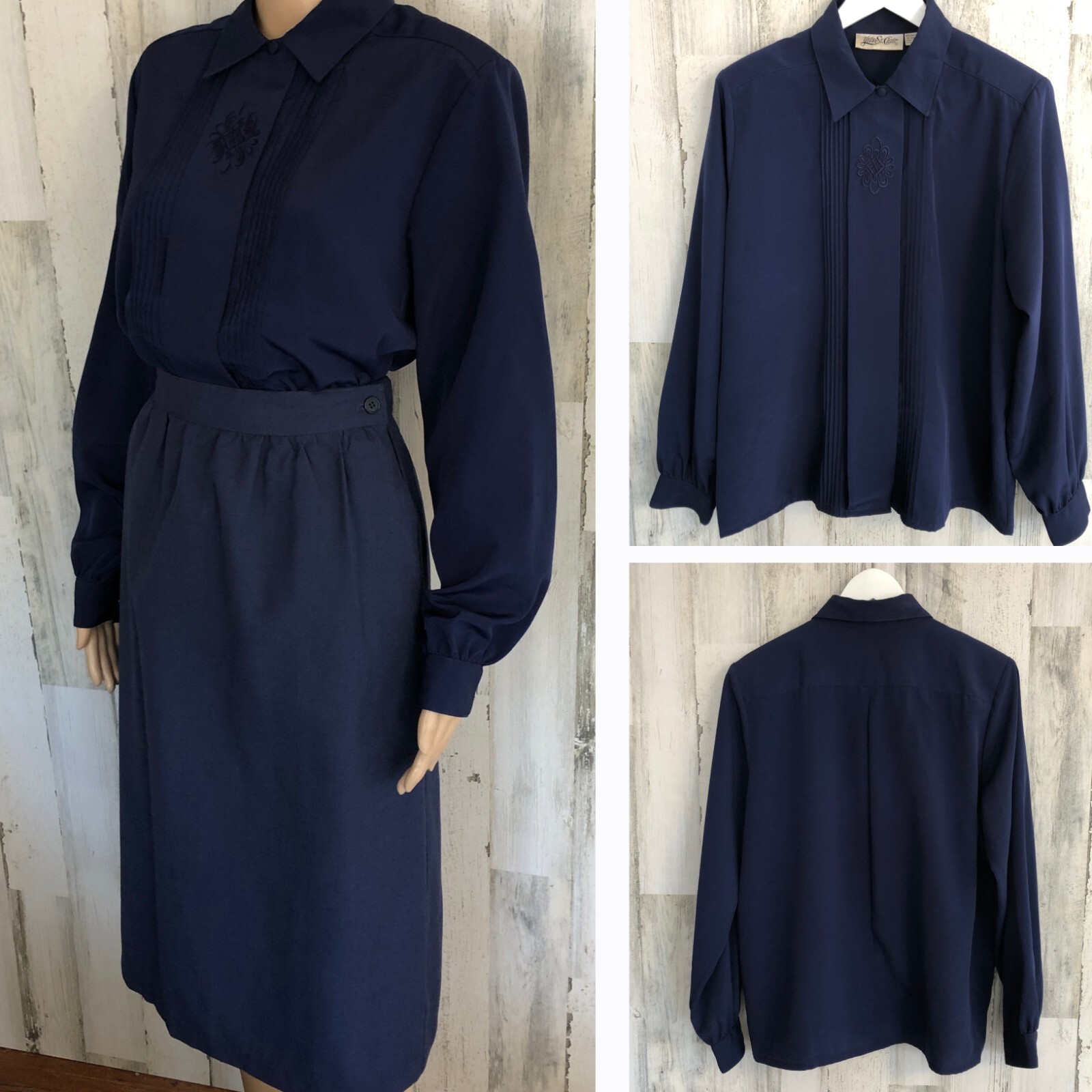 SAINT LAURENT Camicetta vintage YVES ST Clair blu navy con bottoni taglia 14 pieghe Embr accento lunga Slv usata in ottime condizioni