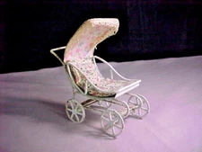 Miniature Baby Buggy Pram White Wire Canopy & Cushion