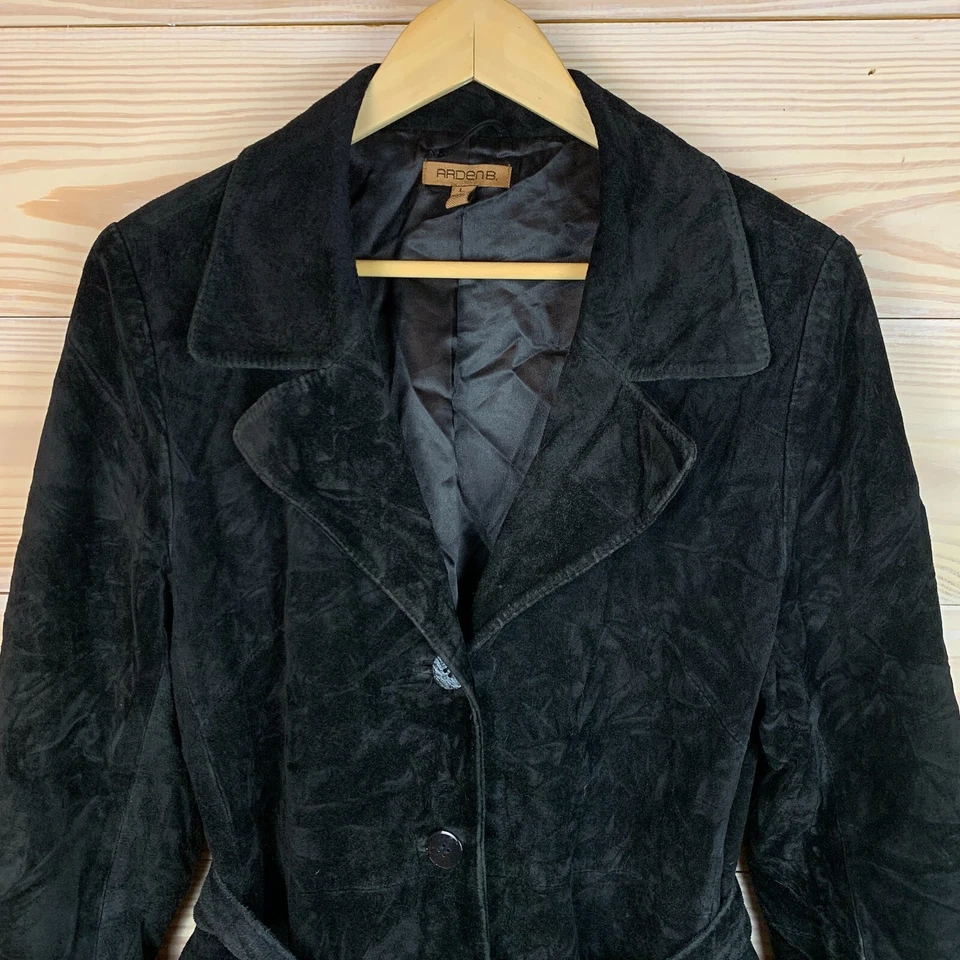 Gabardina Arden B Mujer Grande Gamuza Cuero Negro Corbata Cinturón Años 70 Western Mobwife Foto 2 de 4