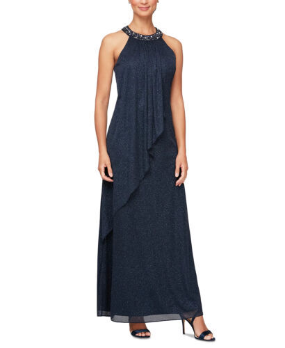 slim fit dress slacks SL Fashions Petite Sequined Lace Cap-Sleeve Dress - Navy main image 1