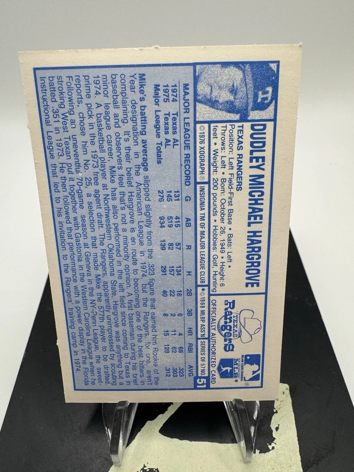 1976 KELLOGG'S 3-D #51  Mike Hargrove  TEXAS RANGERS  ( No Cracks )  NM-MINT - Image 2 of 3