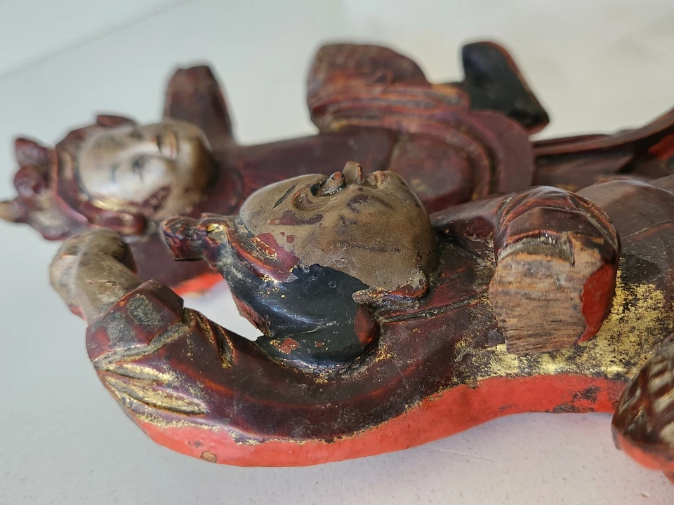 RARO 1800 DINASTÍA QING CHINA Madera Tallada Laca Roja Pareja Ópera Dorada Siglo XIX Foto 4 de 4