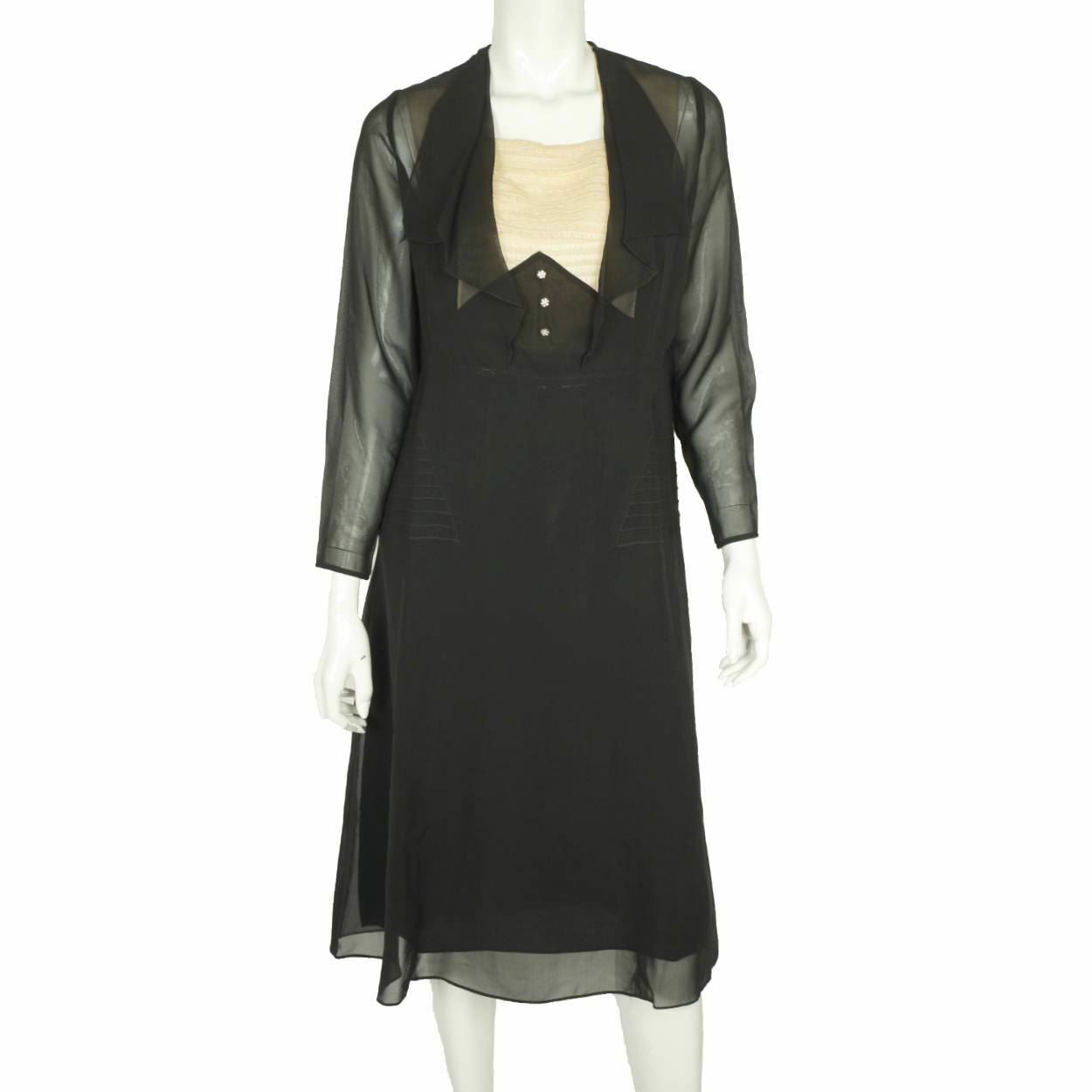 Vintage 1920s Black Silk Chiffon Day Dress with L… - image 1