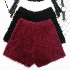 Damen Kunstfell Mohair Shorts Furry Hot Pants Hohe Taille Stretch Party Tanz Neu