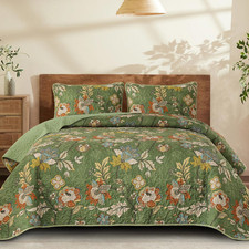 Quilt Set King Size, Green Botanical Bedspread Bedding Set, 3 Pieces Floral Quil