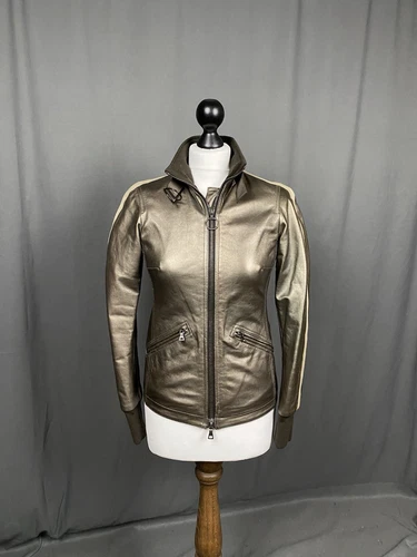 Giacca donna Prada in pelle grigio bronzo collo alto taglia 38