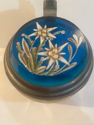 Panel  Glass Beer Stein-w/Lid-Enameled Edelweiss Turquoise Glass Insert~ST203