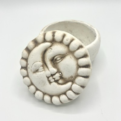 Sun & Moon Face Celestial Lidded Trinket Box Neutral Earthy 4  Beige