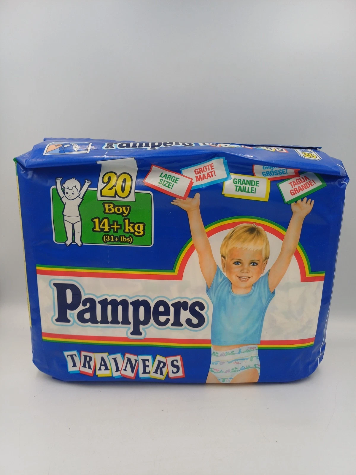 Vintage Pampers Trainers for boys pack with 20 diapers 14+ kg / 31+ lbs - New
