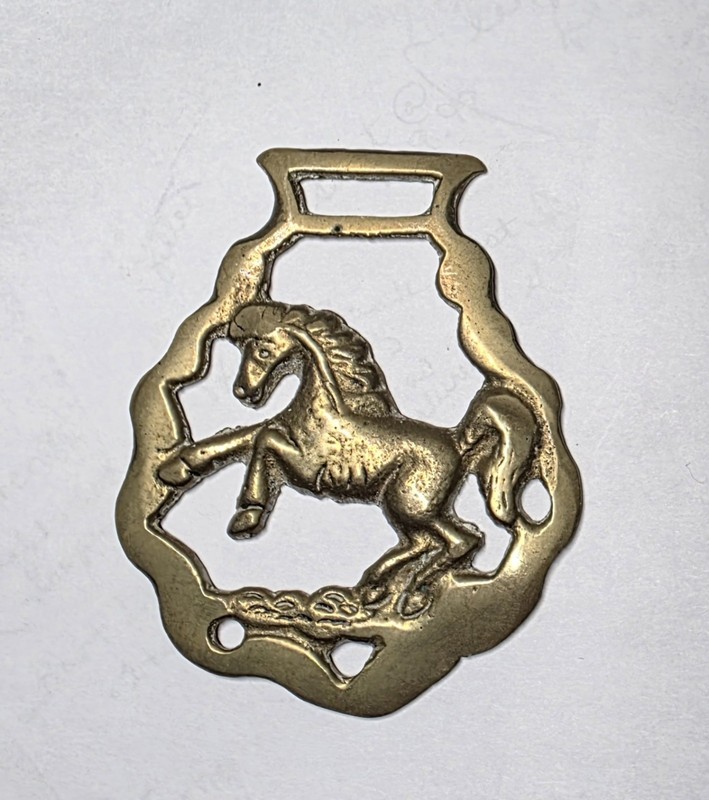 Vtg Harness Bridle Brass Horse Medallion Galloping Prancing 3" x 2.75" Patina