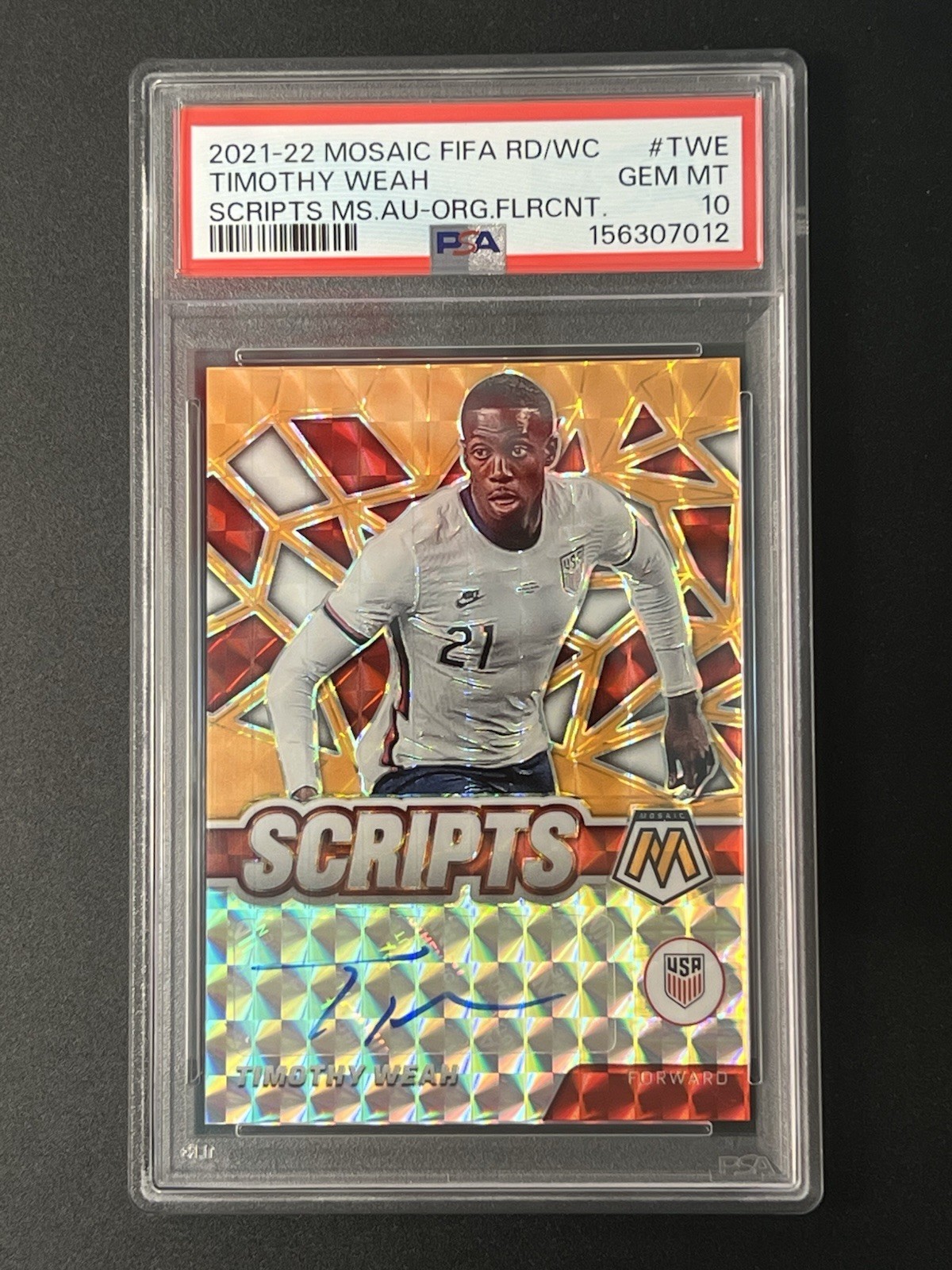 2021-22 Mosaic FIFA Road To World Cup Timothy Weah PSA 10 Scrips Orange Auto /50