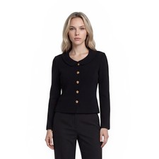 St John Collection Knit Jacket Women's Size 10 Black Santana Gold Button Blazer