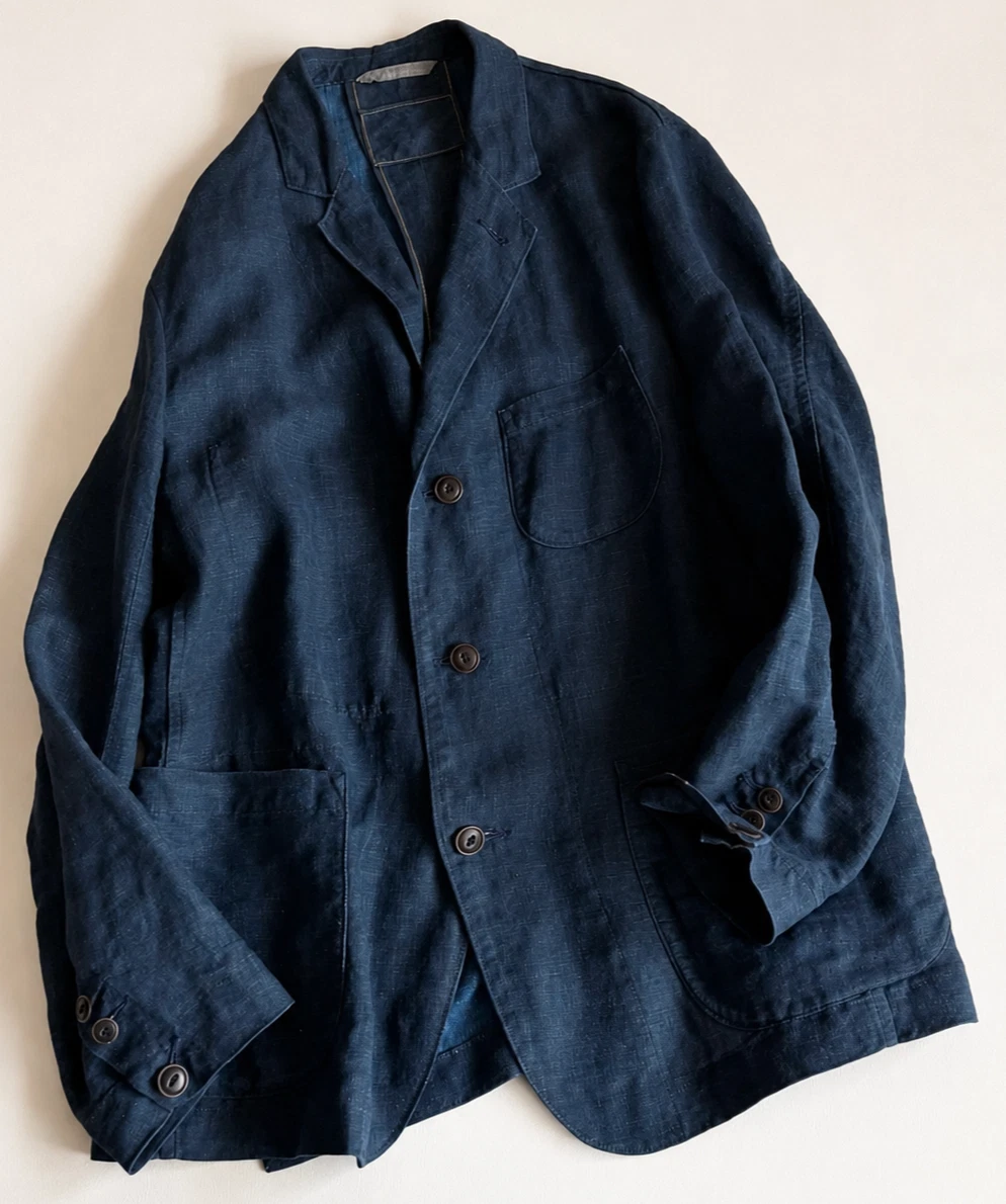 45R / 45rpm Linen Tailored Jacket Indigo Blue Size-L Excellent image 2