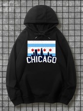 Men's Chicago Illinois Flag Skyline Hoodie - Black with Blue  Red Cityscape Des