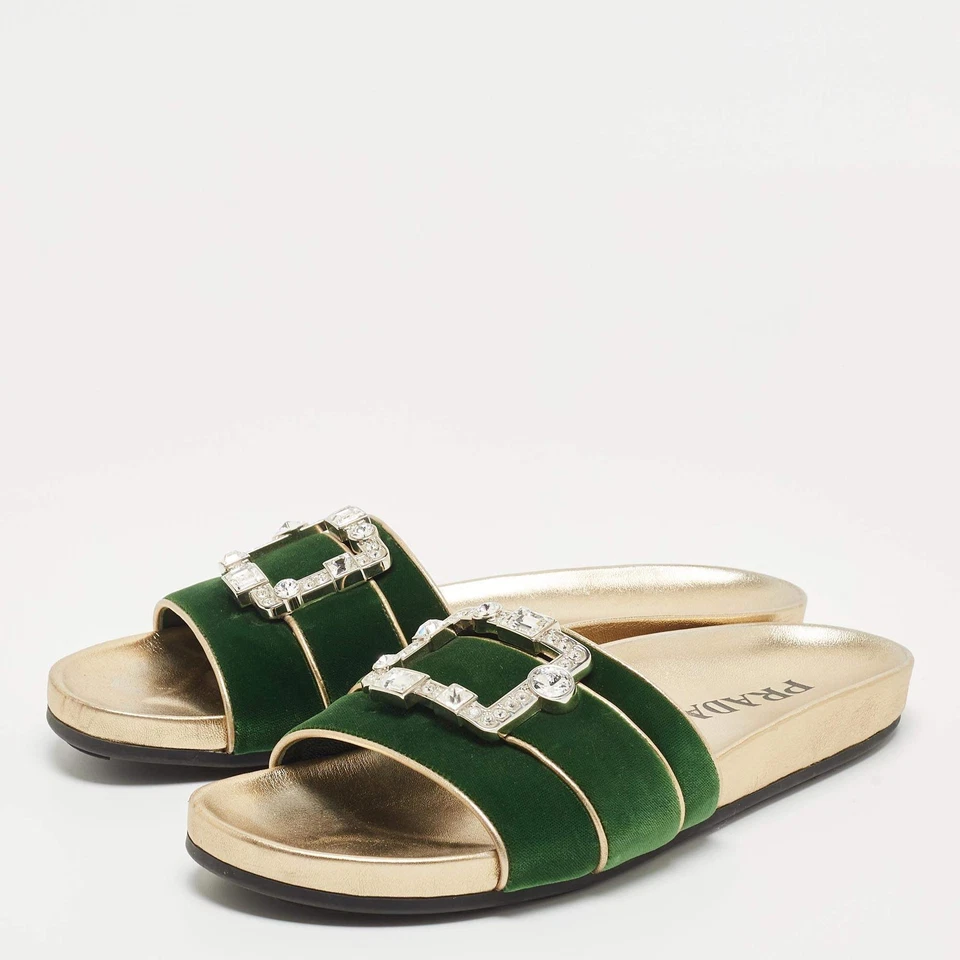 Prada GreenGold Velvet And Leather Buckle Detail Slides Sizes 395 - Image 2 of 4