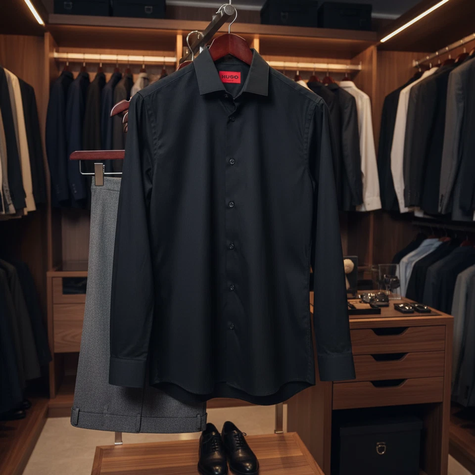 HUGO Chemise Business Erriko Noir Gr. 40 100% Coton Manches Longues - Photo 4/4