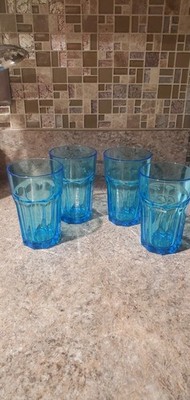 IKEA POKAL Paneled Teal Blue Aqua Glass Tumblers #21412 Set Of 4 Beautiful 