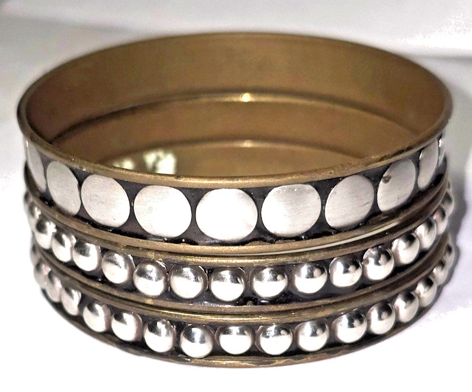 3 Stackable Bangle Bracelets Brass Tone Raised Si… - image 2