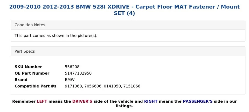 2009-2010 2012-2013 BMW 528I XDRIVE - Tapete de assoalho MAT prendedor/conjunto de montagem (4) - Imagem 3 de 3