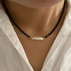 Faceted 4mm Round Black Agate Gems White Baroque Biwa Pearl Beads Necklace 18''