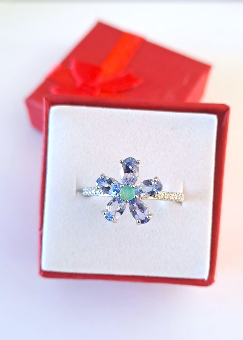 Bague émeraude et tanzanite fleur, bague d'oreille ou cocktail en argent taille 54