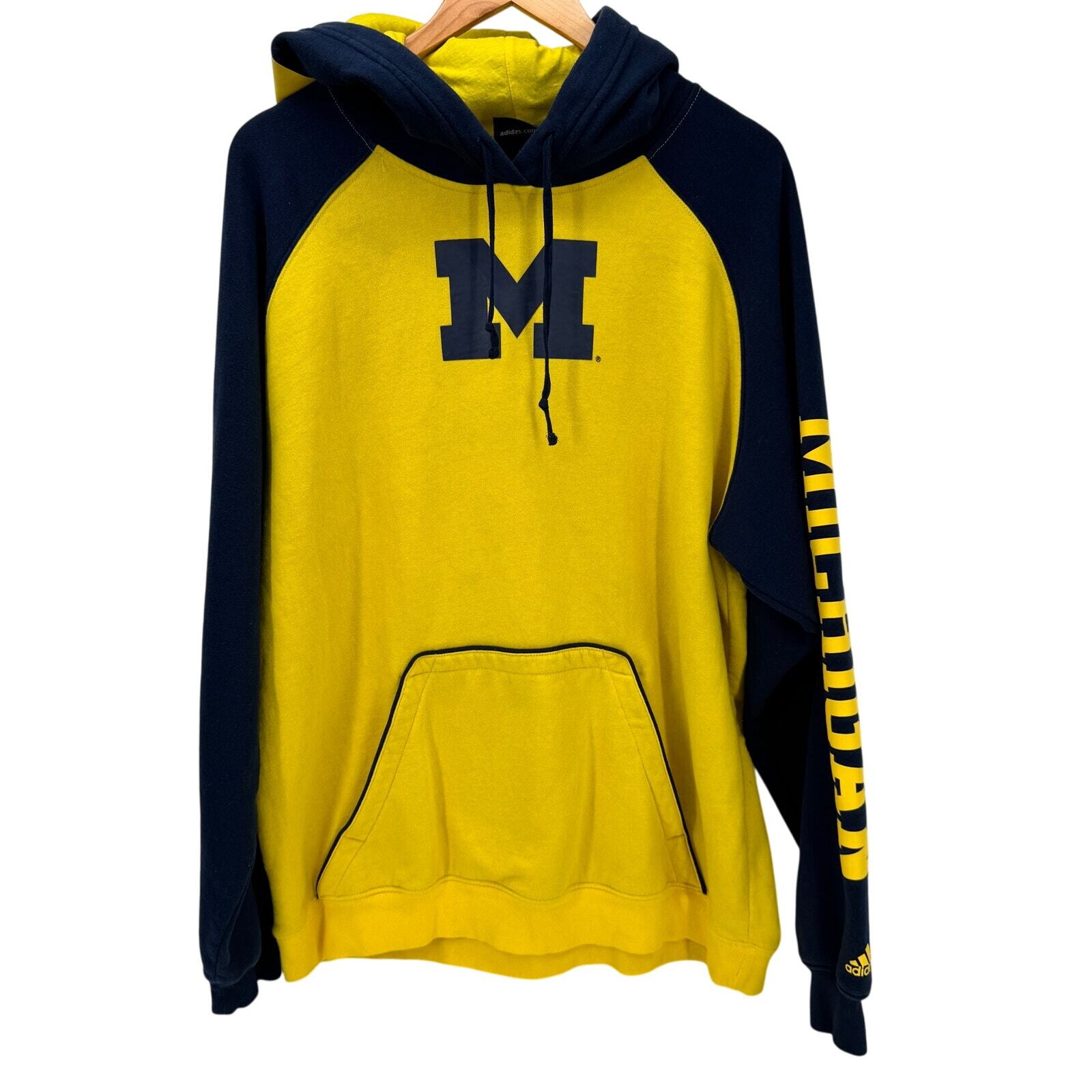 Michagan Wolverines Hoodie Mens Large Yellow Blue Pullover + Pockets adidas