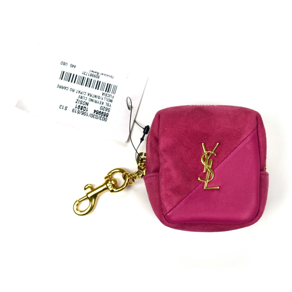 NWT $445 Saint Laurent Pink Gold YSL Logo Jamie Zip Pouch Charm Womens AUTHENTIC