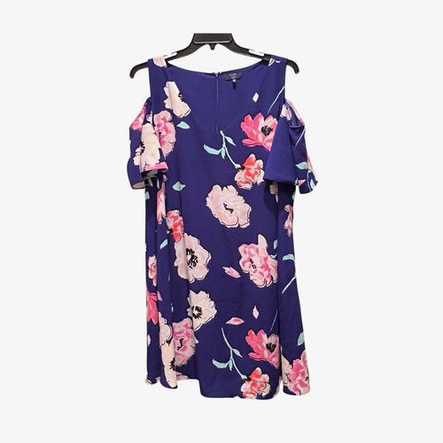 Kaari Blue Curvy Dress Plus Size 2X Blue Pink Cold Shoulder Lined Flowy - Picture 2 of 10