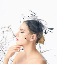 Black Feather Wedding Fascinator Hat Hair Clip On Woman Headpiece Polka Dot Net