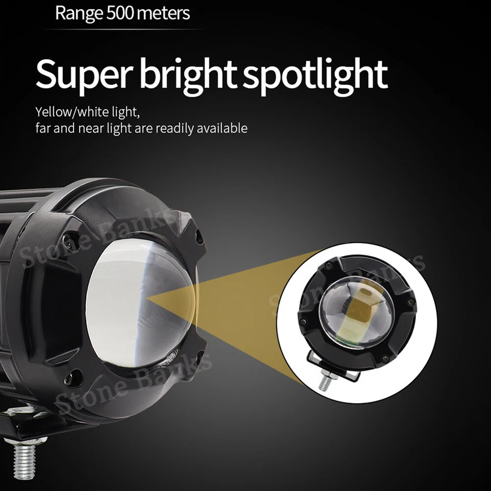 2X 60W LED Faro Moto Amarillo Blanco Punto Alto/Bajo Luces Antiniebla Conducción Foto 4 de 4