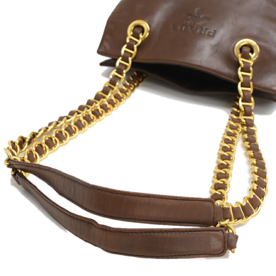Used Prada Chain Shoulder Bag B4329 Nylon Leather Brown Gold Hardware