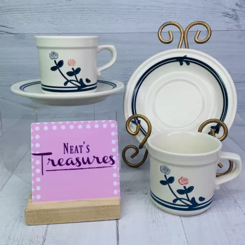 Vintage Pfaltzgraff WINDSONG Pink Blue Flowers Stoneware Cups & Saucers Set 2