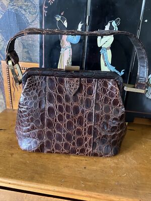 Brown Alligator VINTAGE 40s 50s PURSE Top Handle Bag Brass Hardware