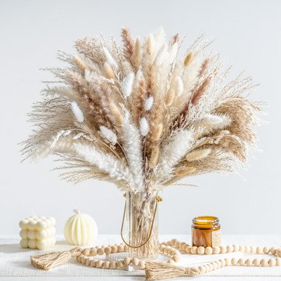 130PCS Natural Dried Pampas Grass Boho Home Decor Bouquet Phragmites Dried Flowe