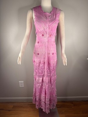 Loveshackfancy Lace Pink Maxi Dress Embroidered Tiered Column Button Front Sz. S