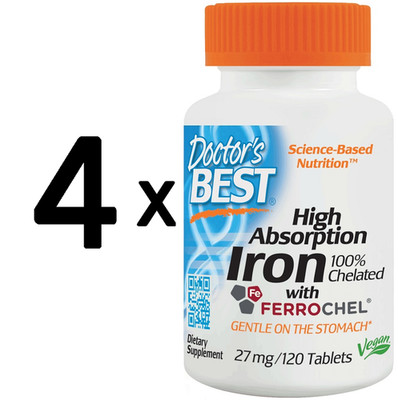 4 x Doctors Best High Absorption Iron, 27mg - 120 tabs (166,53 EUR/kg)