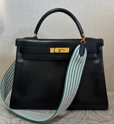 Hermes Kelly 32 Box Calf Noir Gold Hardware with Bandouliere