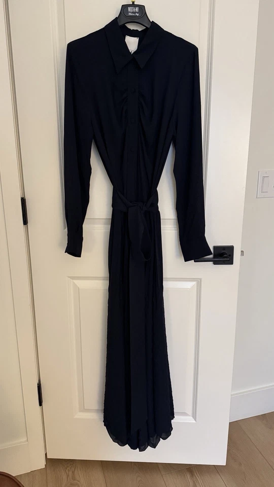 Vestido Camisa MILVA-MI ITALY Largo Completo Azul Marino Plisado Satén Botones Corbata Cintura 42 Foto 2 de 4