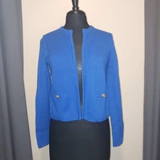 Ann Taylor Factory Blue Knit Cropped Cardigan Jacket Pockets Gold tone button S