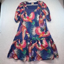 FARM Rio Parrot Print Dress Puff Sleeve Tiered Hem Tropical Multicolor Small