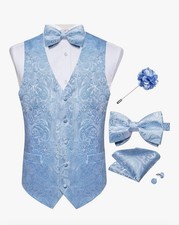 Mens Tuxedo Vest Silk Paisley Vest Bowtie Pocket Square Cufflinks Lapel, Large P